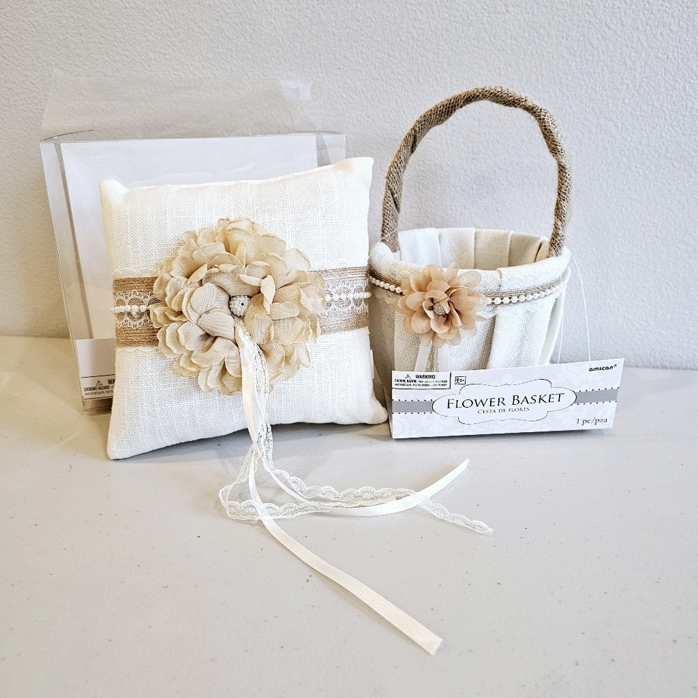 Wedding Flower Girl Basket and Ring Bearer Pillow Rustic